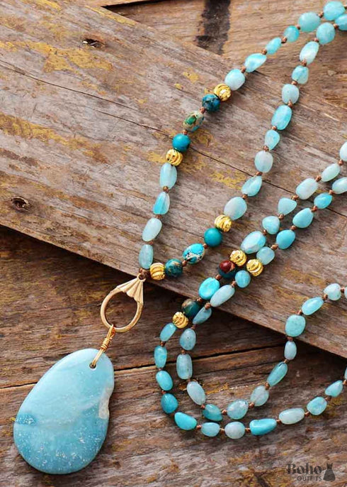 Boho Necklace, Seed Beads Blue Amazonite